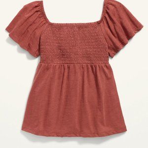 Slub-Knit Flutter-Sleeve Smocked Swing Top